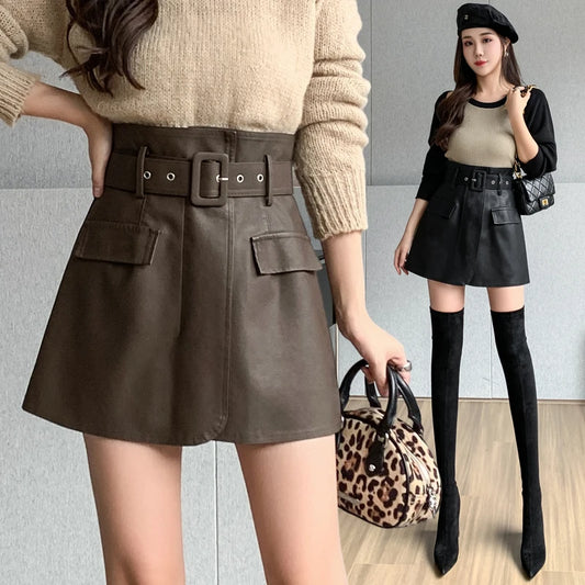 2022 Washed PU Leather Skirt Korean Slim High Waist Shorts Skirt Female Belt Mini Skirts Safety Liner Shorts Skirts