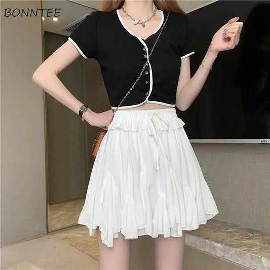 Skirts Women Pleated High Waist Fashion Solid Korean Style All-match Mini Summer Newest Simple Streetwear Holiday Female Leisure