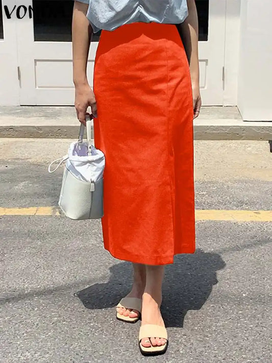 VONDA Office Skirts 2023 Summer Elegant Women Long Skirt Casual Loose Solid Color Party Skirts Fashion Zipper Bottoms Femme